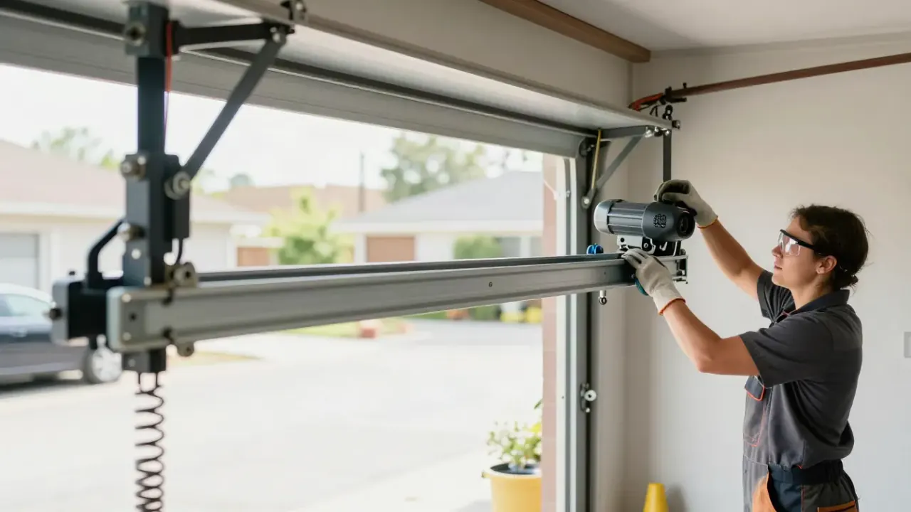 Illustrative image: technician mounting a garage door opener