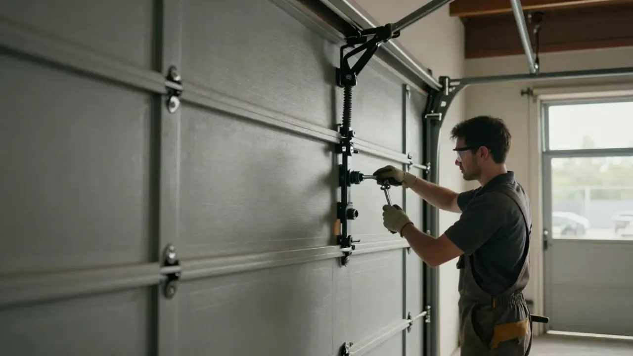 Illustrative image: technician working on a garage door