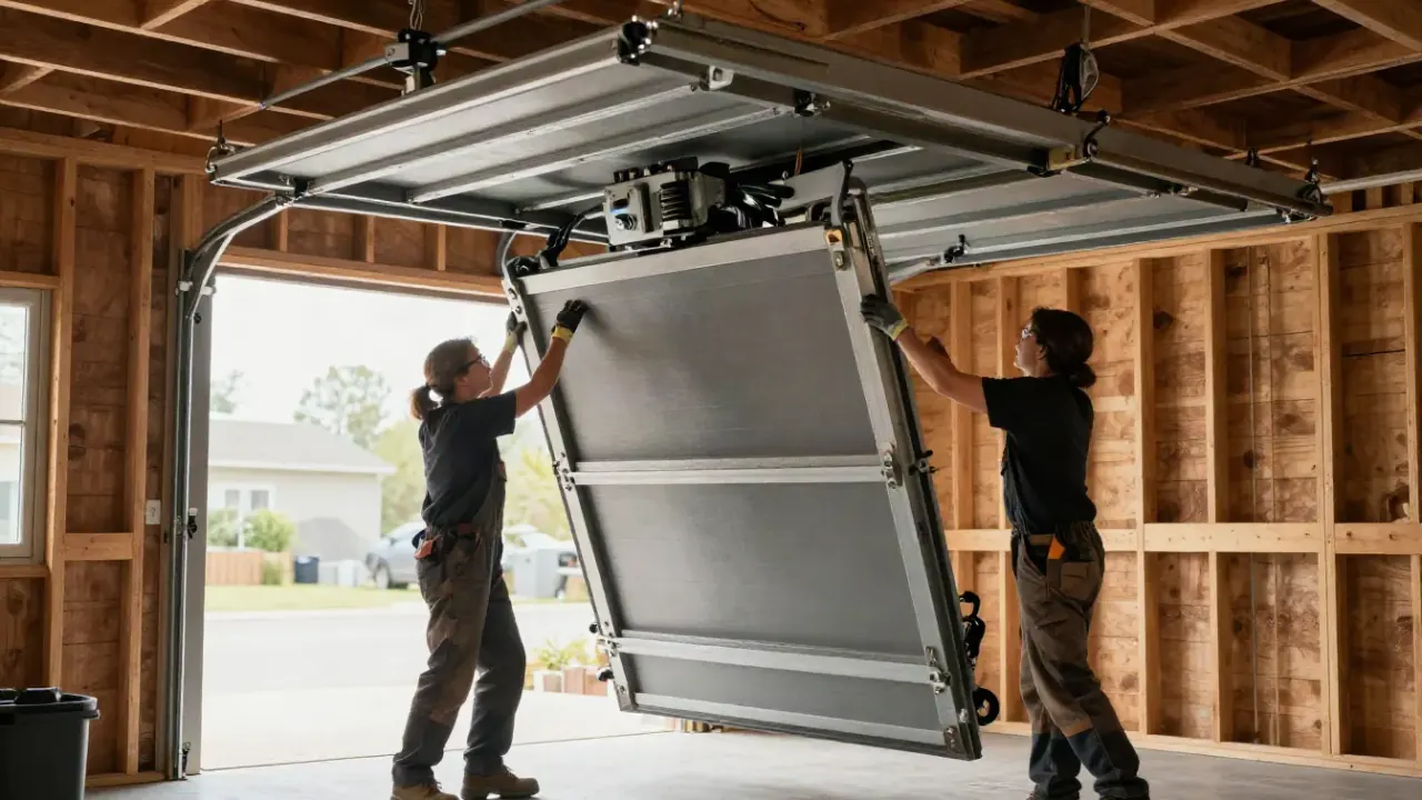 Illustrative image: two technicians handling a garage door panel